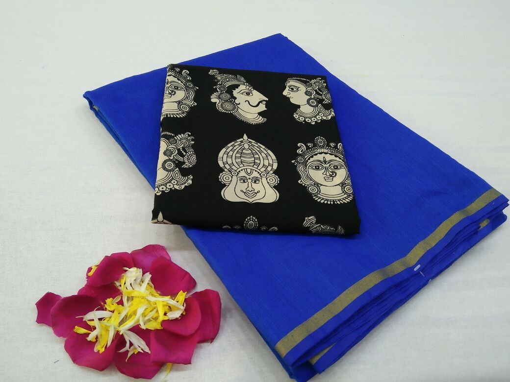 Blue with Face Designed Blouse Fancy Cotton Saree-SRE-760