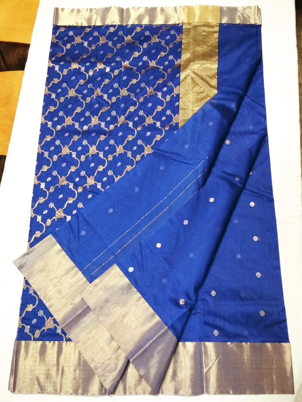 Blue with Golden Chained Floral Zari Border Chanderi Silk Saree-CHANSRE-080