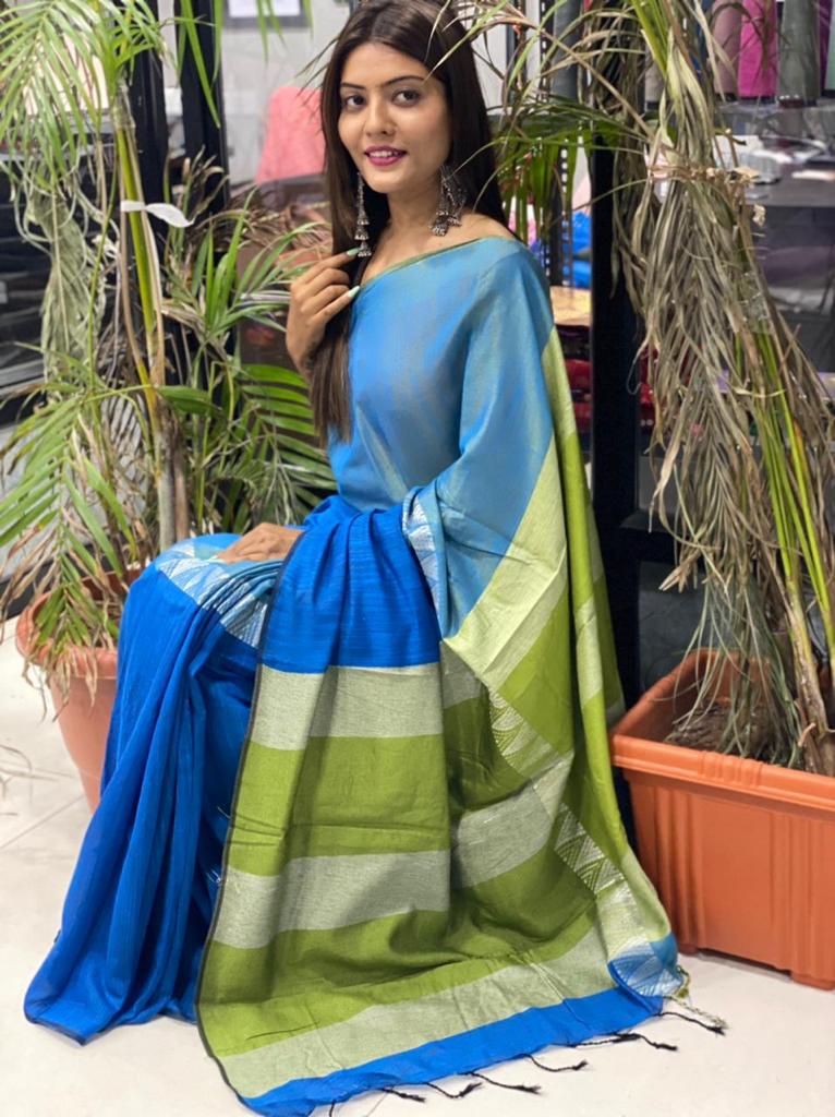 Blue with Green Linen Saree