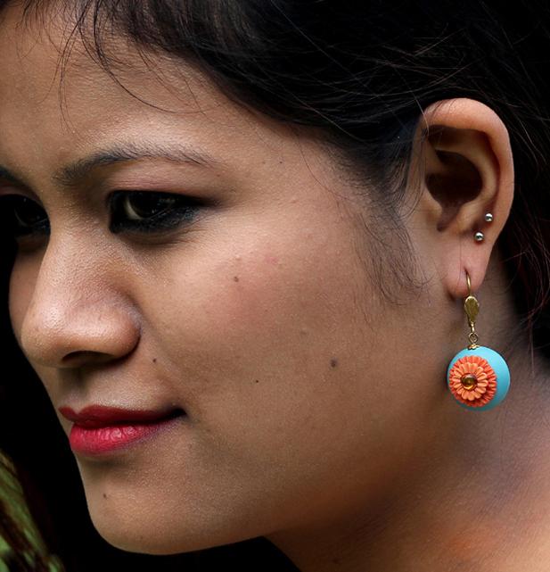 Blue with Orange Floral Polymer Clay Earrings-ZAPCJH-049