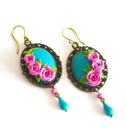 Blue with Pink Rose Polymer clay Earring