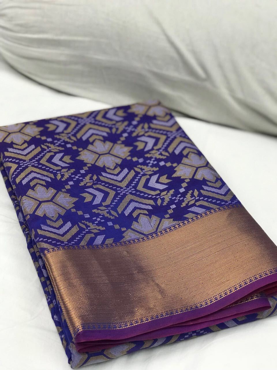 Blue with Rhombus Floral Banarasi Silk Saree-SRE-1108 heavy print dark blue coloured silk saree