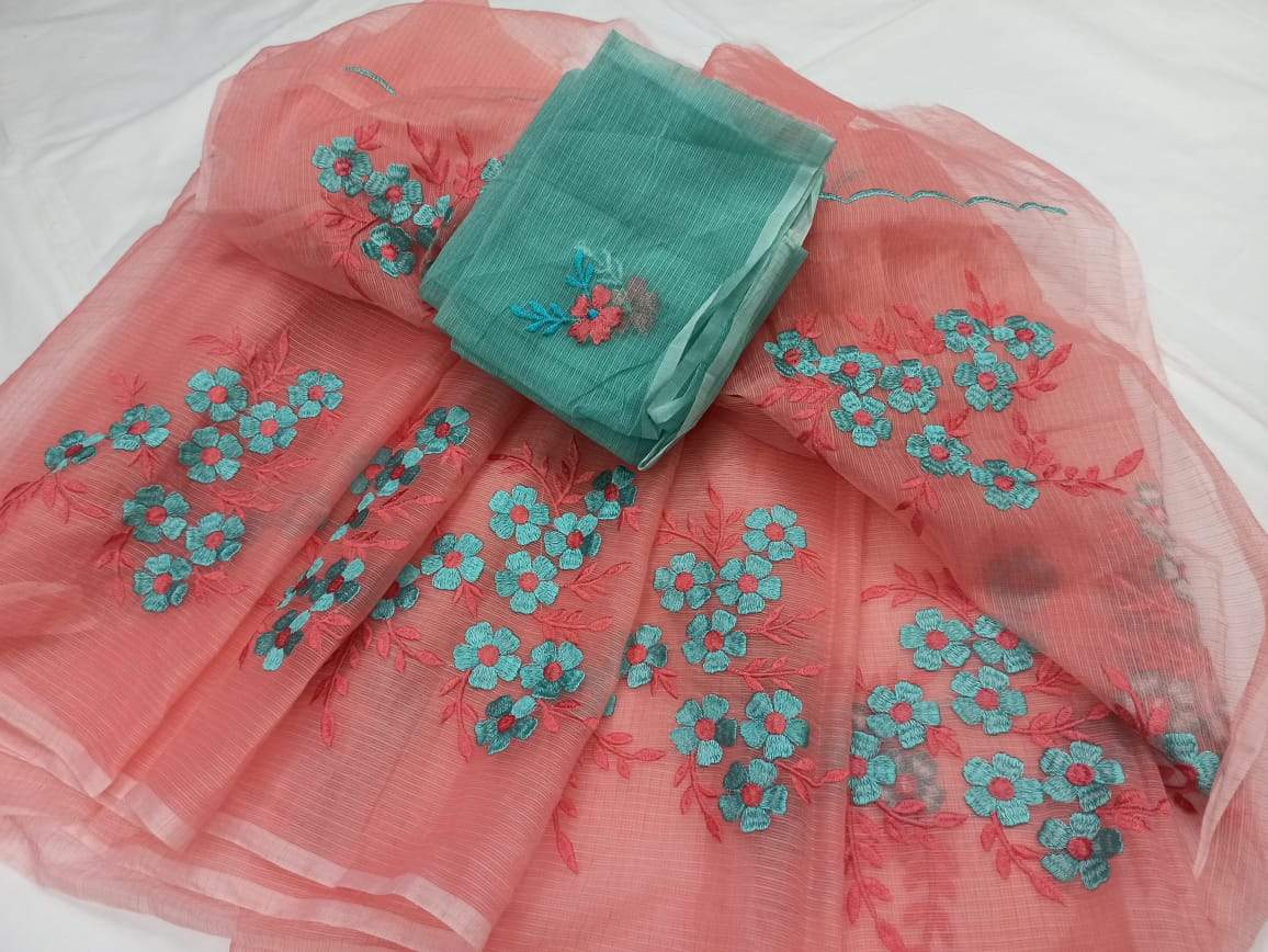 Boldpeach with Teal Kota Doria Saree
