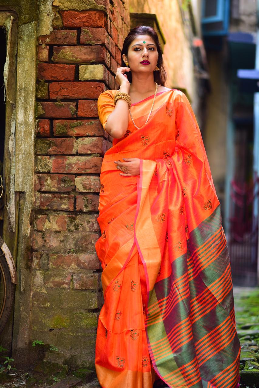 Bright Orange Banglori Raw Silk Saree