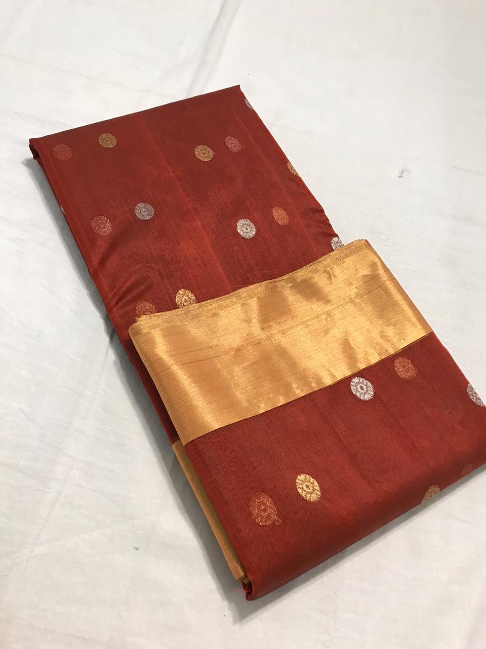 Brown Pure Katan Chanderi Silk Saree with Dots