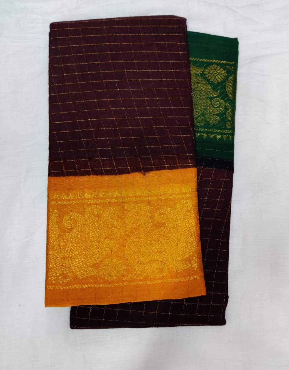Brown and Yellow-Madurai Sungudi Sarees - Double side Jari Border