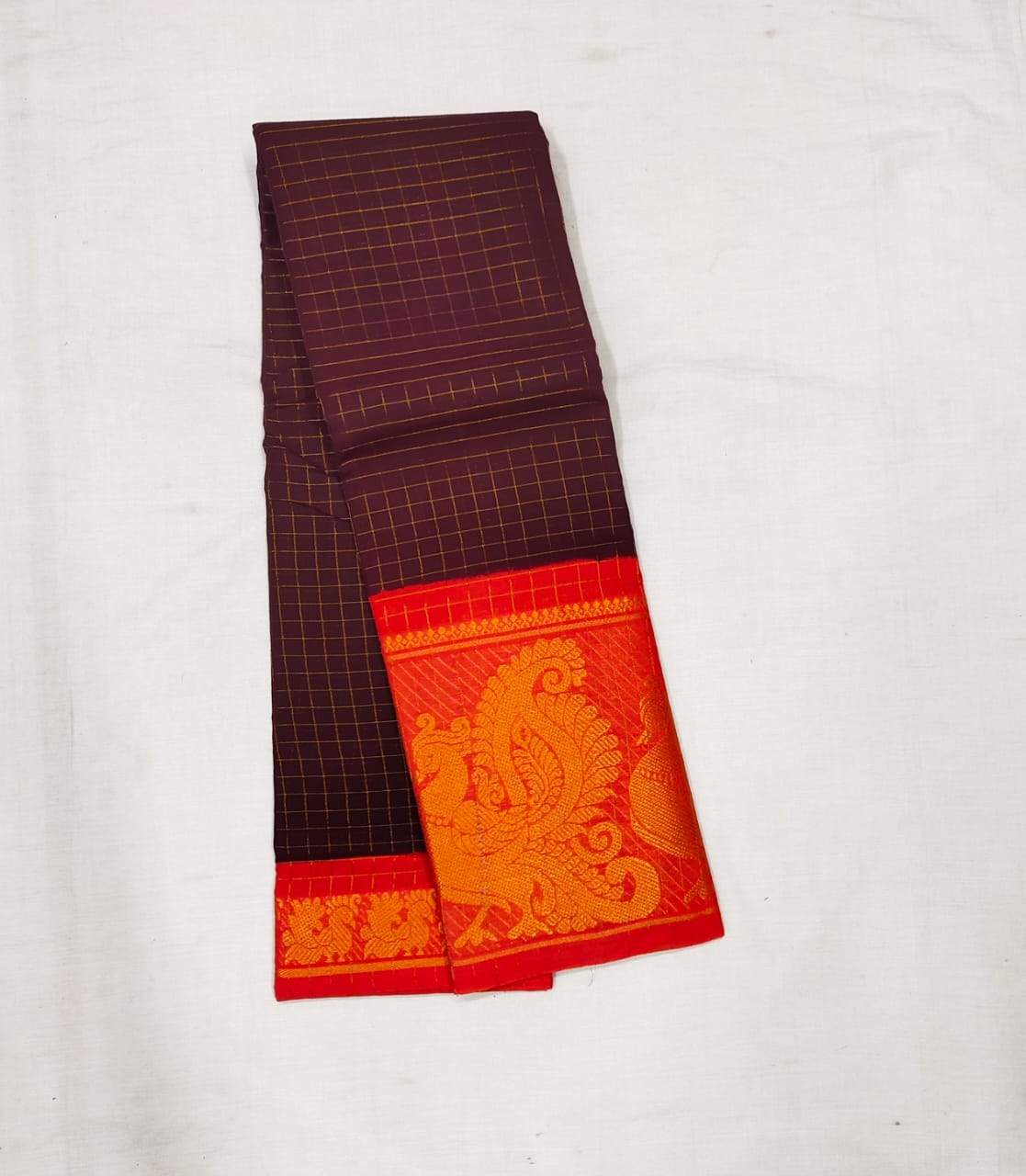 Brown with Orange Madurai Sungudi Saree with Large Border
