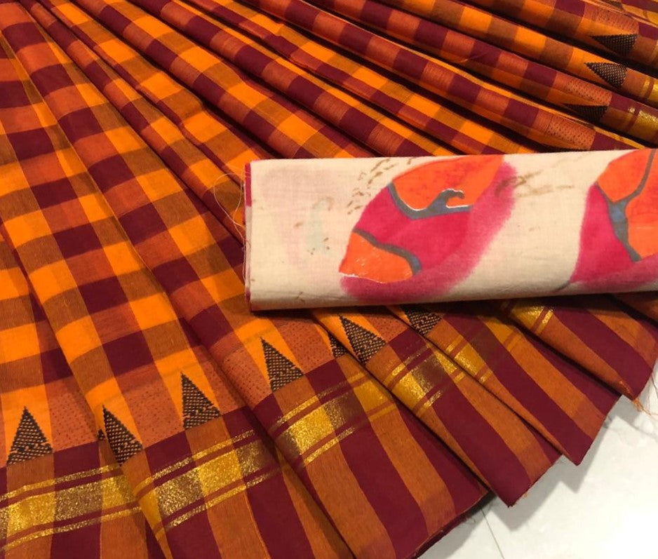 Checkered Yellow Cotton Saree