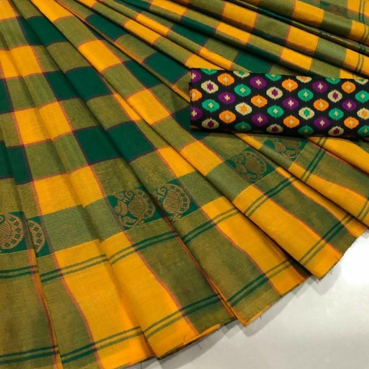 Yellow Green Checkered Cotton Saree - CSH011