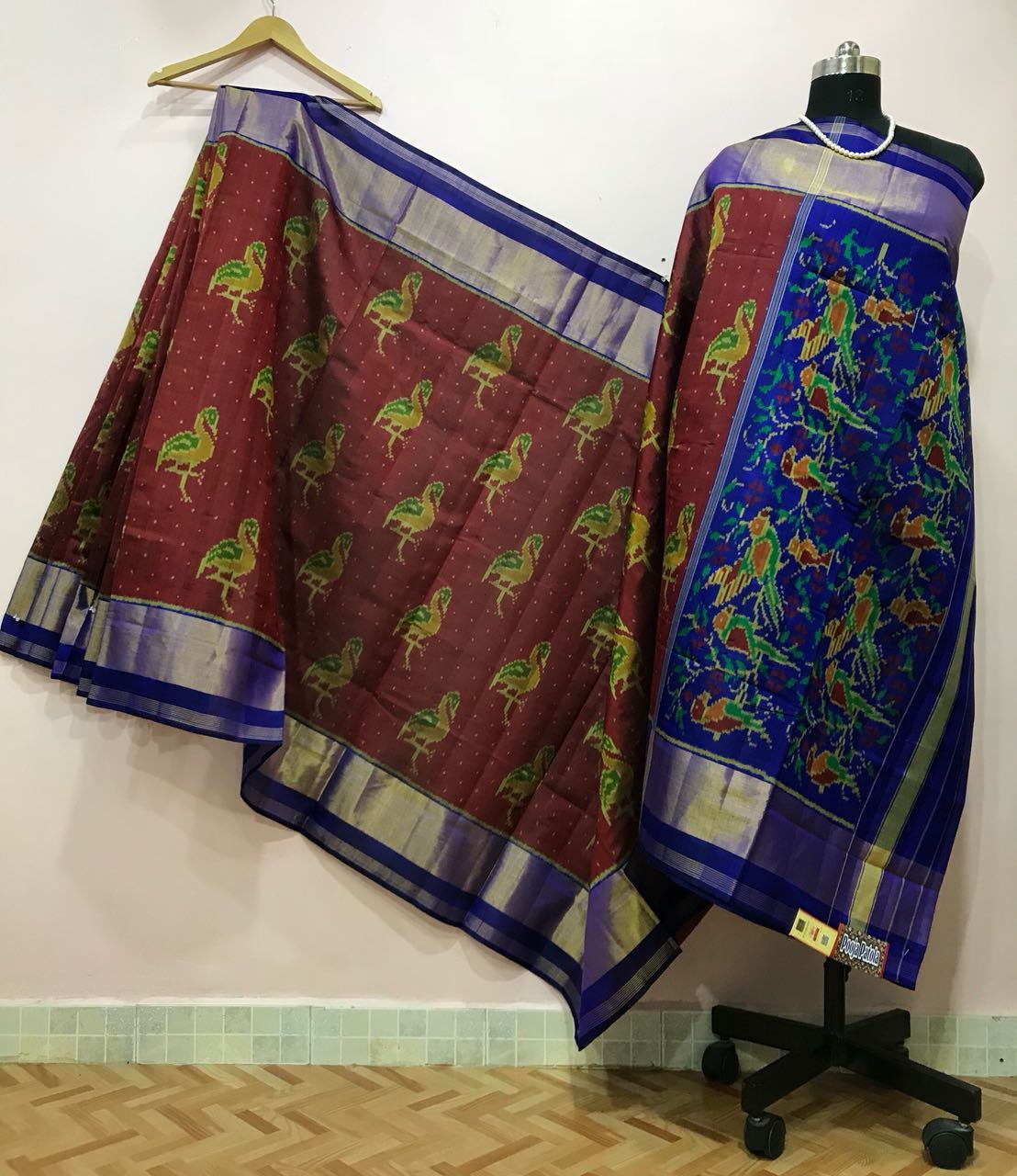 Chocalate Brown Bird Designed with Blue Border Patola Silk Saree-PPSRE-065