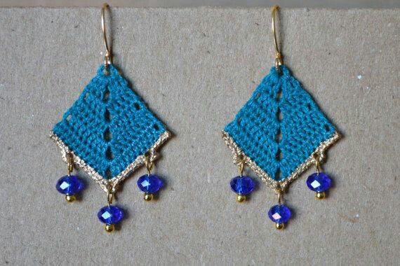 Blue Color Angle with Blue Beads Traditional Statement Crochet Earring Sets