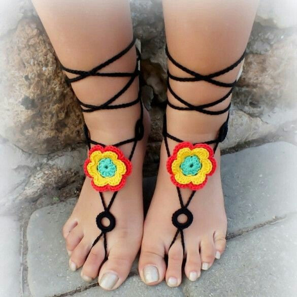 Hand-made Adjustable MultiColor Floral Design Cotton Barefoot Women Crochet Anklets