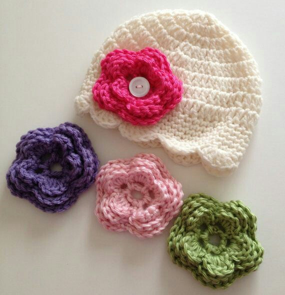 Handmade Baby Cream Color Hat with Various Colors Florals Crochet Accessories