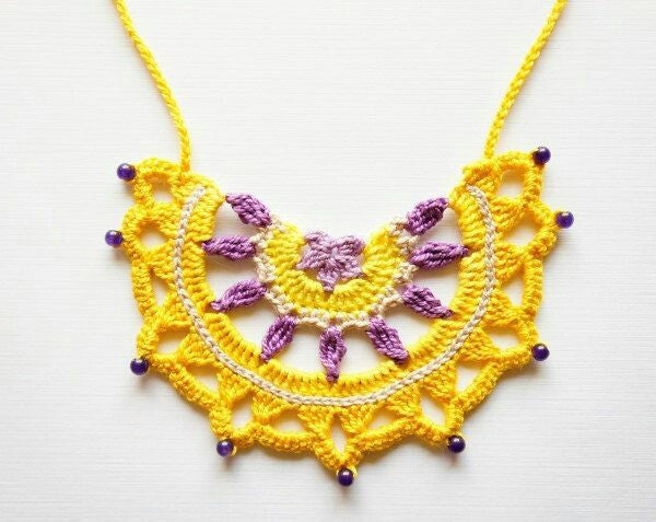 Handmade Pendent Crochet Jewellery Set in Yellow and Purple Color Half Floral Design with PurpleBeads