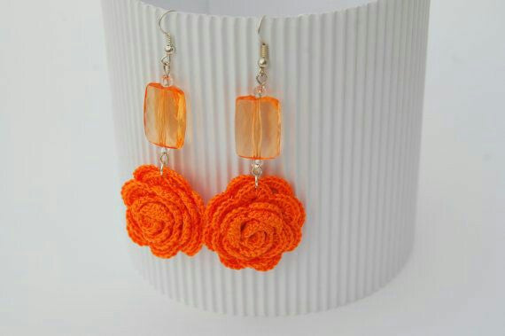 Orange Rose With Orange Beads Traditional Statement Crochet Earring Sets
