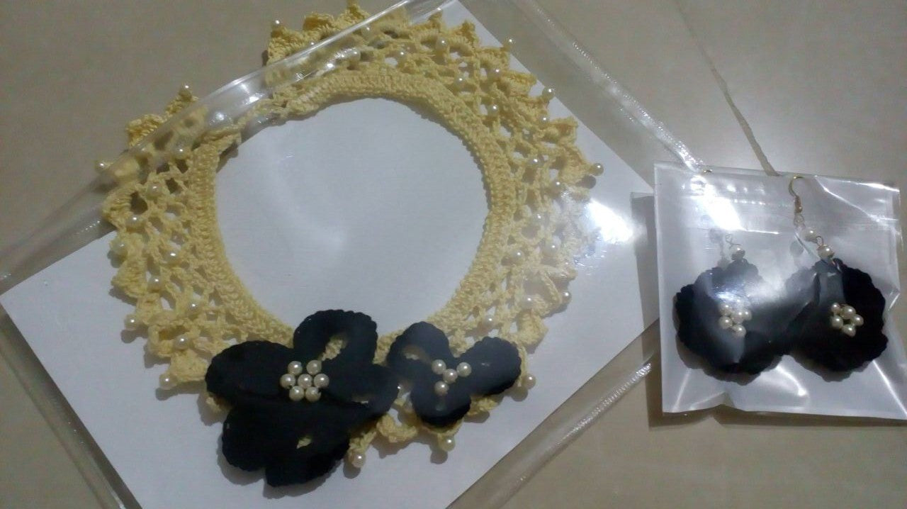 Tribal Crochet Jewellery Setin Dark Blue and Cream Color
