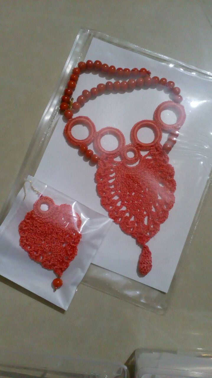 Tribal Crochet Jewellery Set in Light Orange Florals-Circular Loops with Light Orange Beads