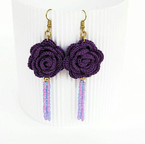 Violet Rose With Purple Chained Beads Traditional Statement Crochet Earring Sets