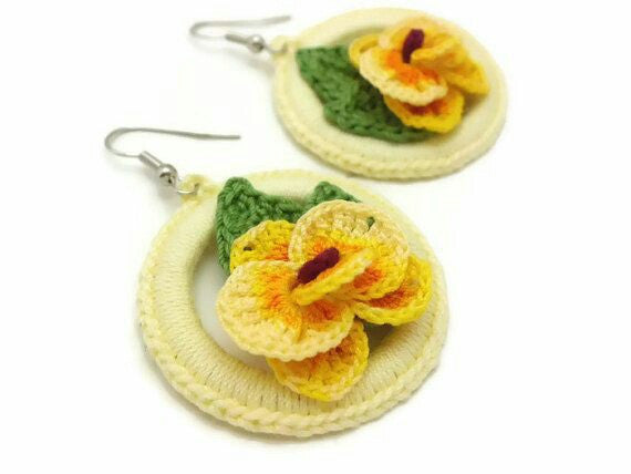 Yellow Color Floral with Green Leaves Traditional Statement Crochet Earring Sets