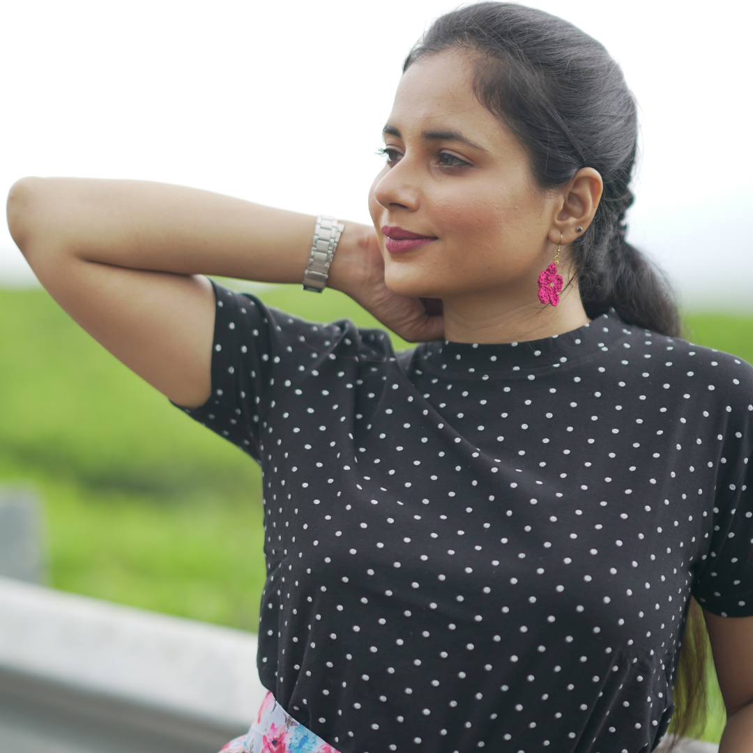 Playful Perfection: Black Polka Dot T-Shirt & Custom-Made Printed Skirt Combo - CSTMDS1008