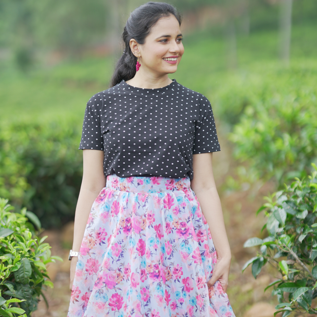 Playful Perfection: Black Polka Dot T-Shirt & Custom-Made Printed Skirt Combo - CSTMDS1008