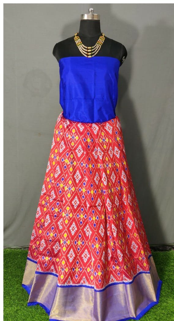 DarkBlue and Red Ikkat Pure Silk Lehenga