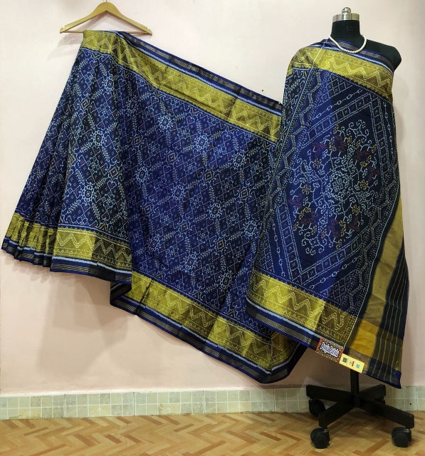 Dark Blue Floral Designed with Golden Border Patola Silk Saree-PPSRE-020