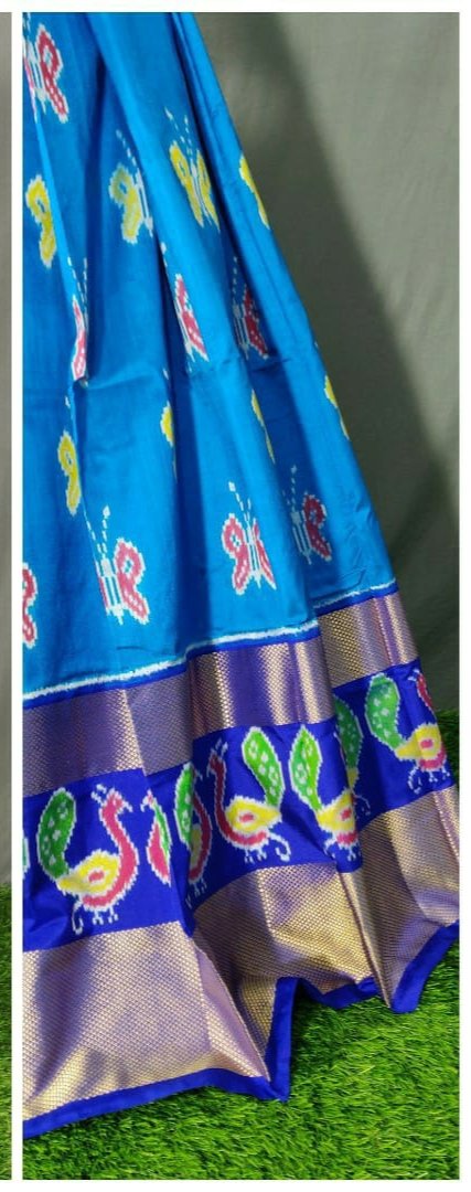 Dark Blue and Light Blue Peacock Border Ikkat Pure Silk Lehenga