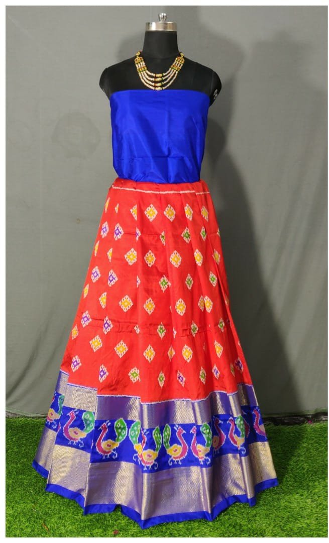 Dark Blue and Orange Ikkat Pure Silk Lehenga