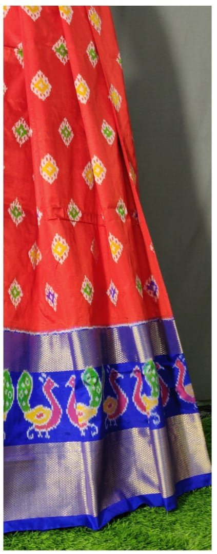 Dark Blue and Orange Ikkat Pure Silk Lehenga