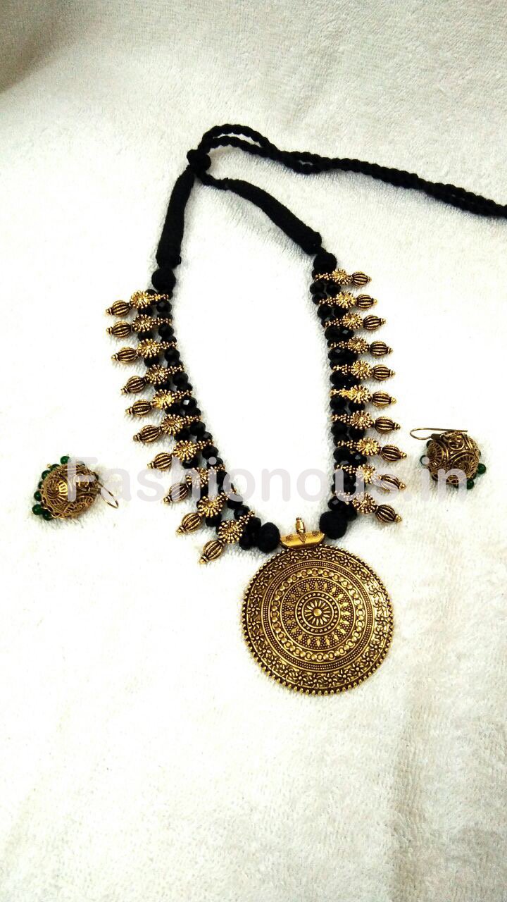 Dark Green Crystal Oxidized Necklace And Earrings-OXDJSW-010