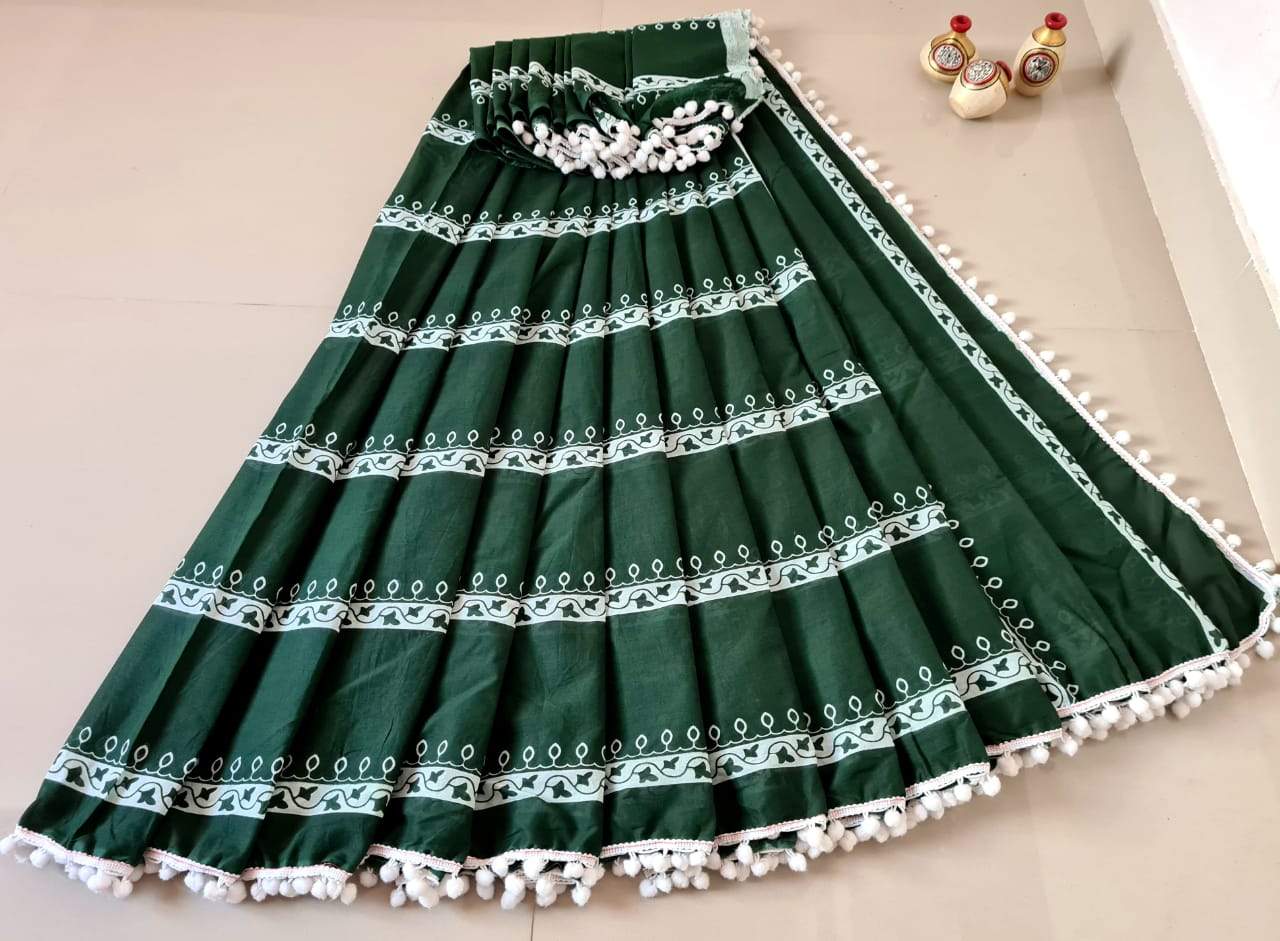 Dark Green Jaipuri Cotton Saree