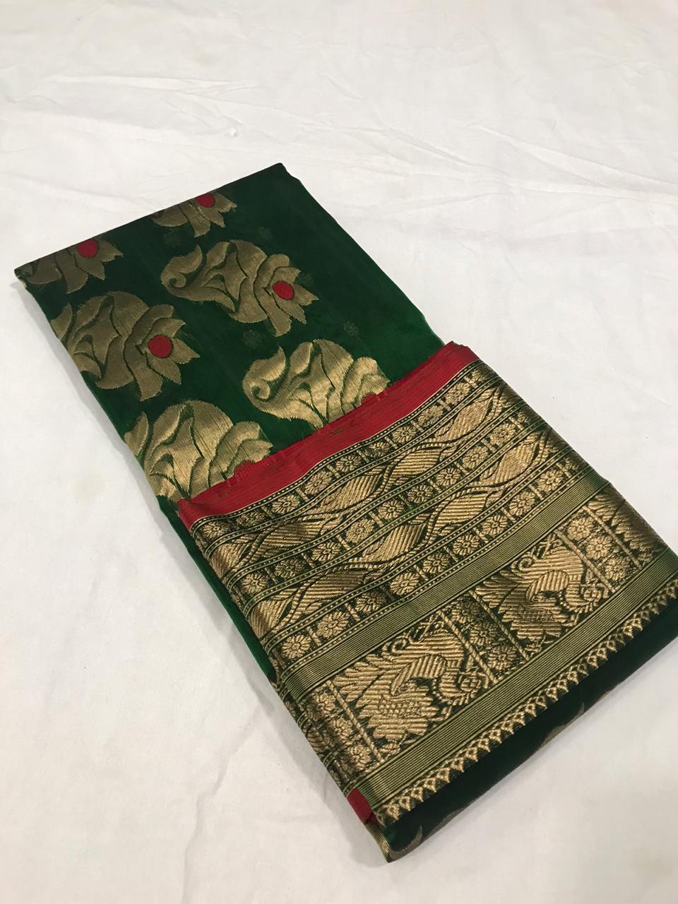 Dark Green Pure Katan Chanderi Silk Saree