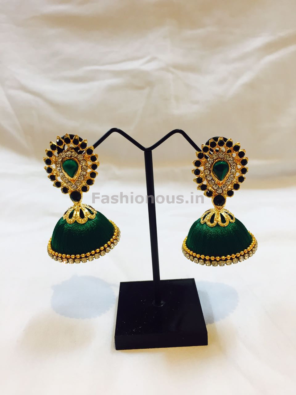 Dark Green Stone Studded Droplet Silk Thread Jhumkas-STJH-023