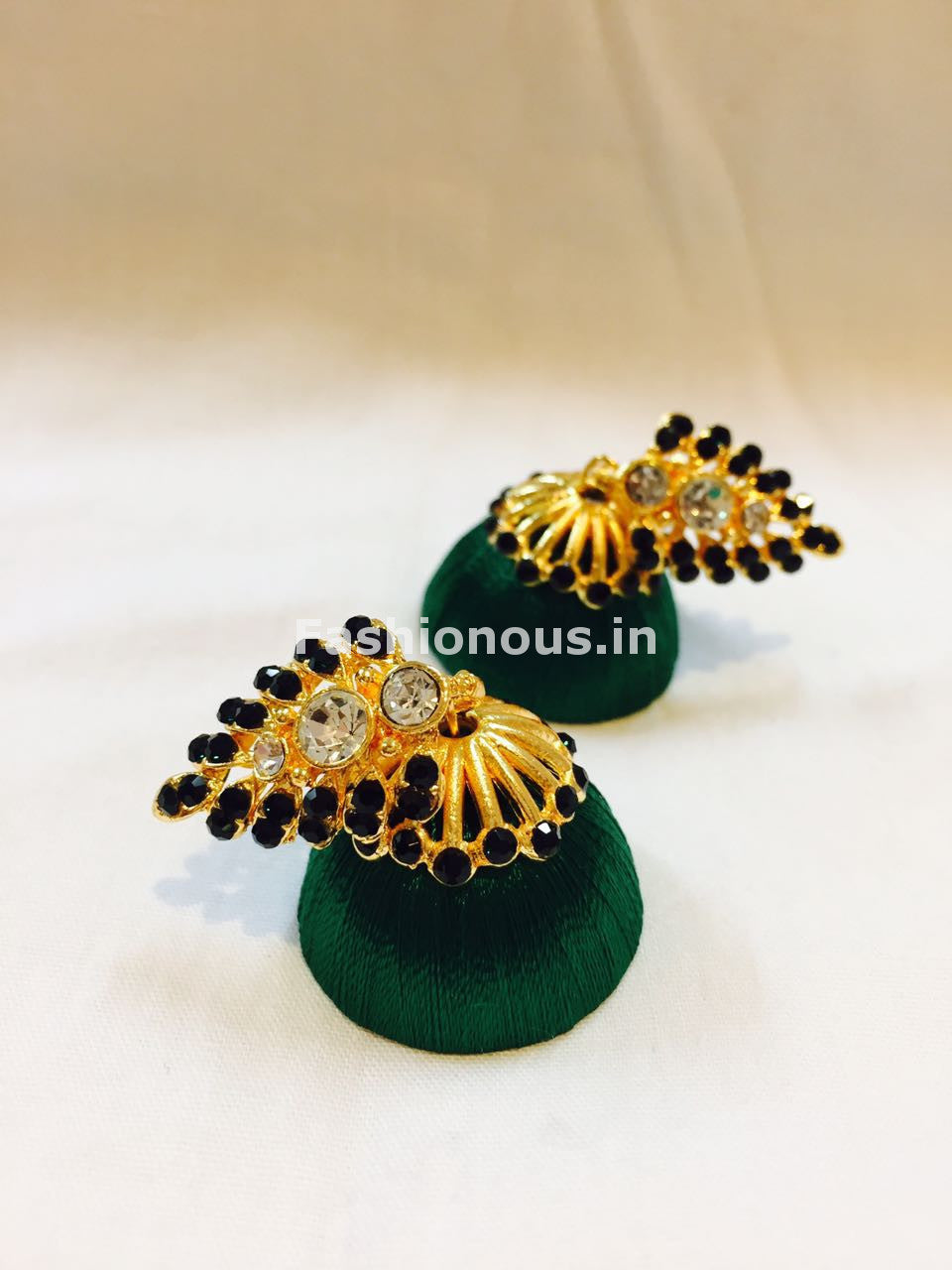 Dark Green Stone Studded Leaf Silk Thread Jhumkas-STJH-028