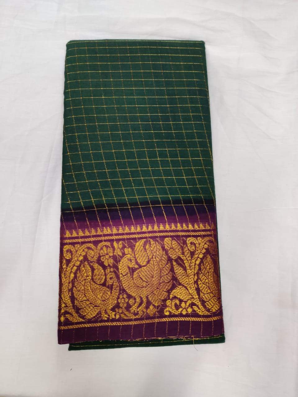 Dark Green and Purple-Madurai Sungudi Sarees - Double side Jari Border