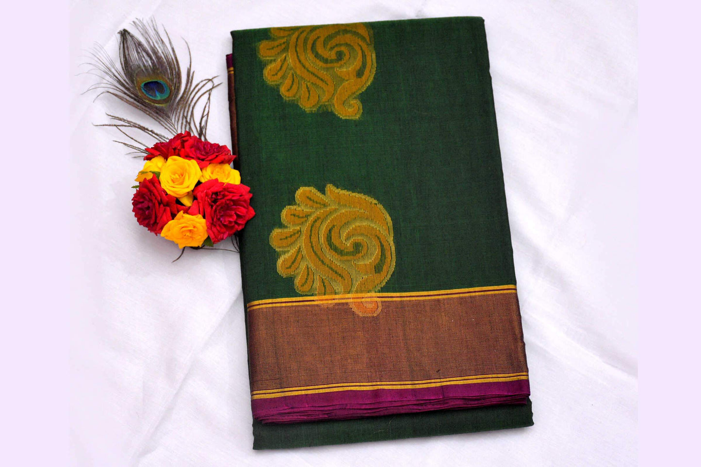 Dark Green with Yellow and Pink Floral Designed Purple Pallu Handwoven Chettinad Silk Cotton Saree-AKCHEDS-006