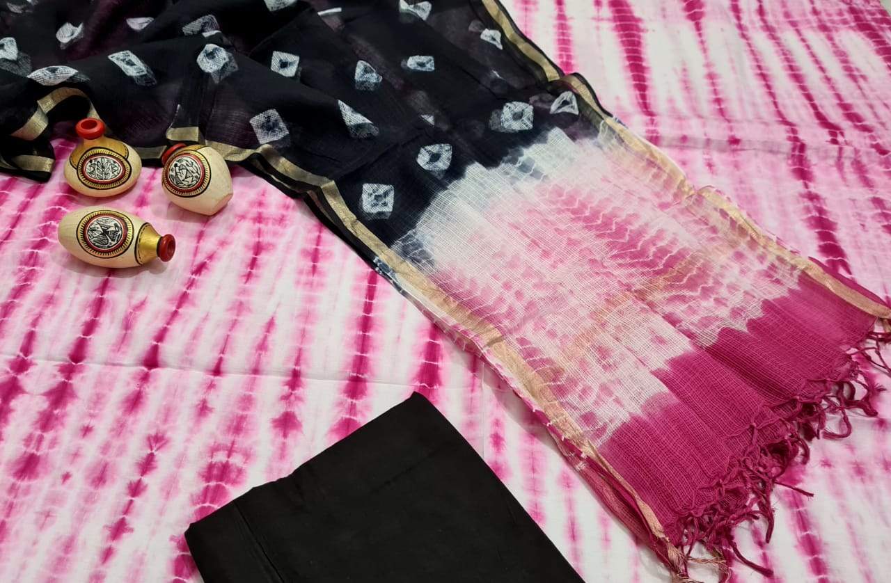 Dark Pink and Black Handblock Unstitched Printed Cotton Suit
