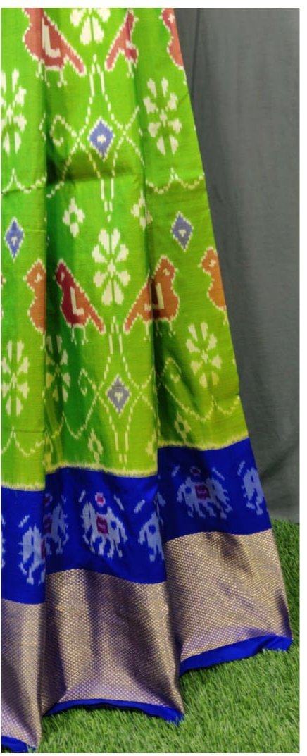 Dark blue and Light Green Ikkat Pure Silk Lehenga