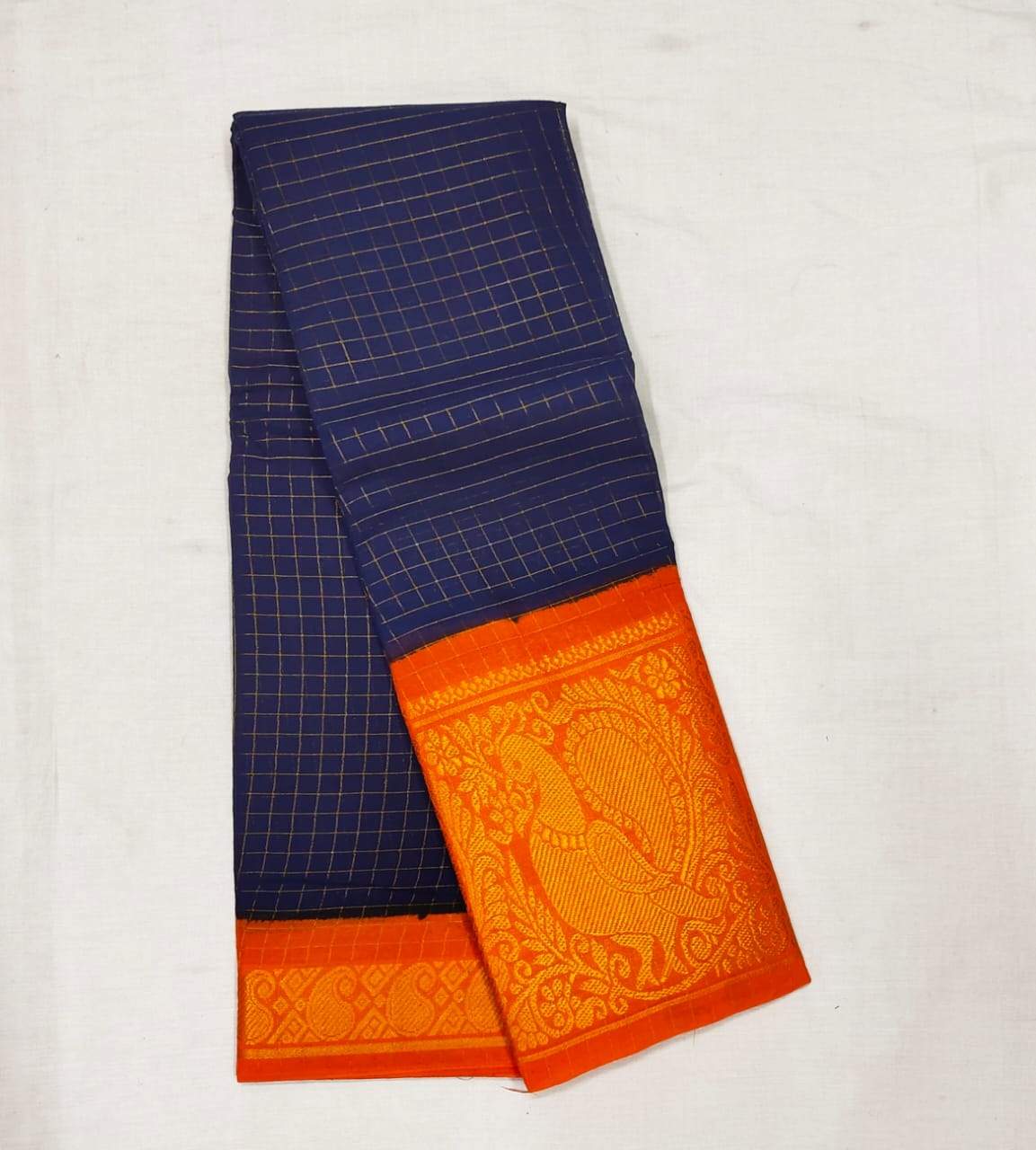 Darkblue with Orange Madurai Sungudi Saree with Large Border