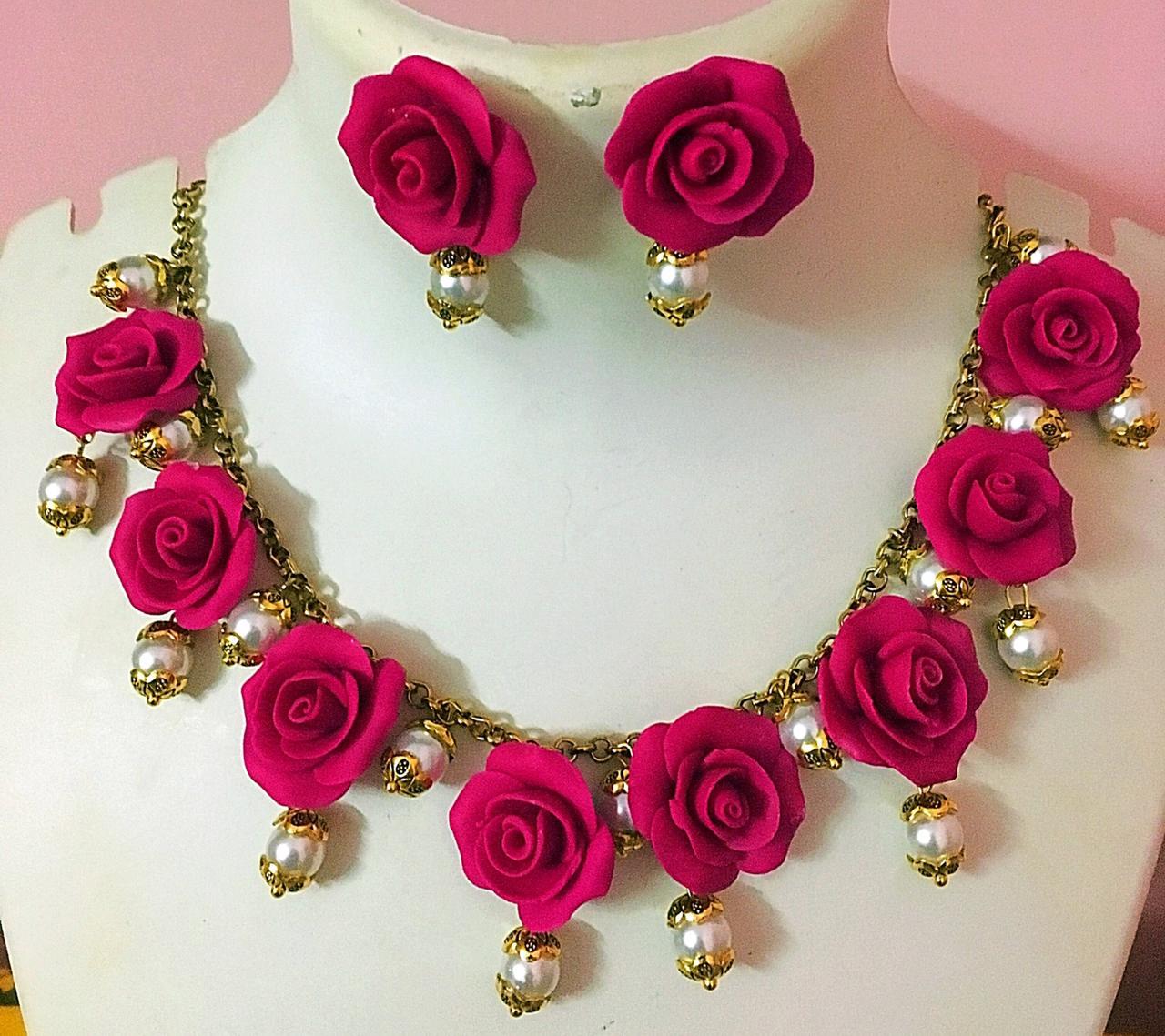 Magenta Pink With Mustard Sunflower Polymer Clay Necklace And Studs