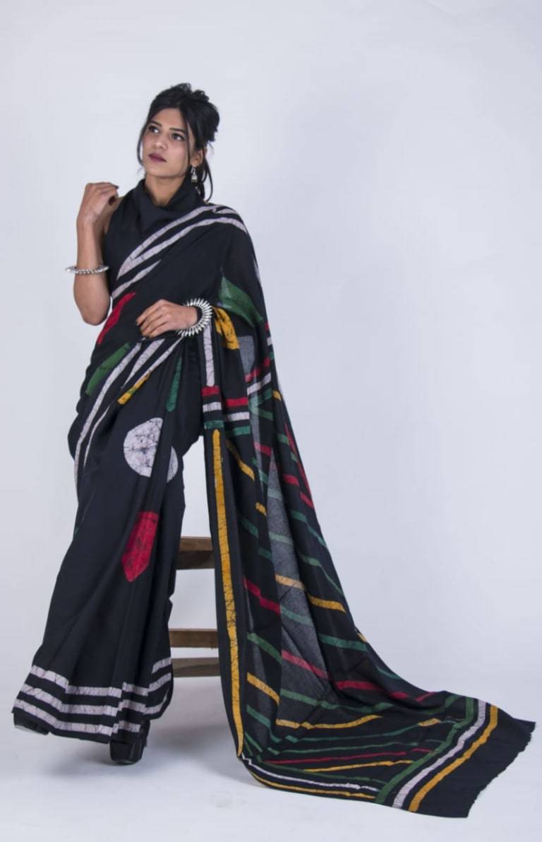 Dashing Black Handblock Printed Mulmul Cotton Saree