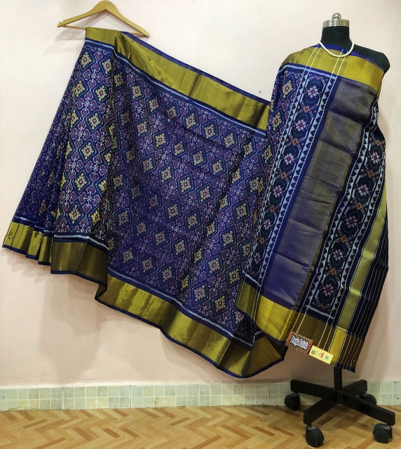 Blue Alpana Designed with Golden Border Patola Silk Saree-PSS9003