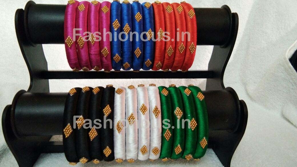 Diamond Golden Beaded Silk Thread Bangle Set-STJSW-056