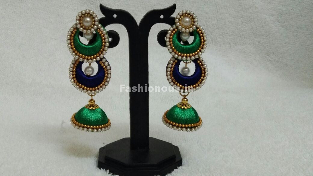 Double Ink Blue and Light Green Chandbalis Silk Thread Jhumkas -STJH-061