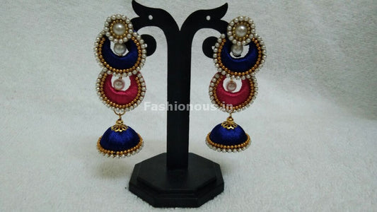 Double Ink Blue and Pink Chandbalis Silk Thread Jhumkas -STJH-060