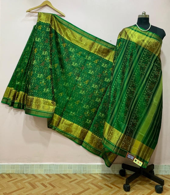 Dark Green Diamond Elephant and Bird Motif Designed Patola Silk Saree-PPSRE-060