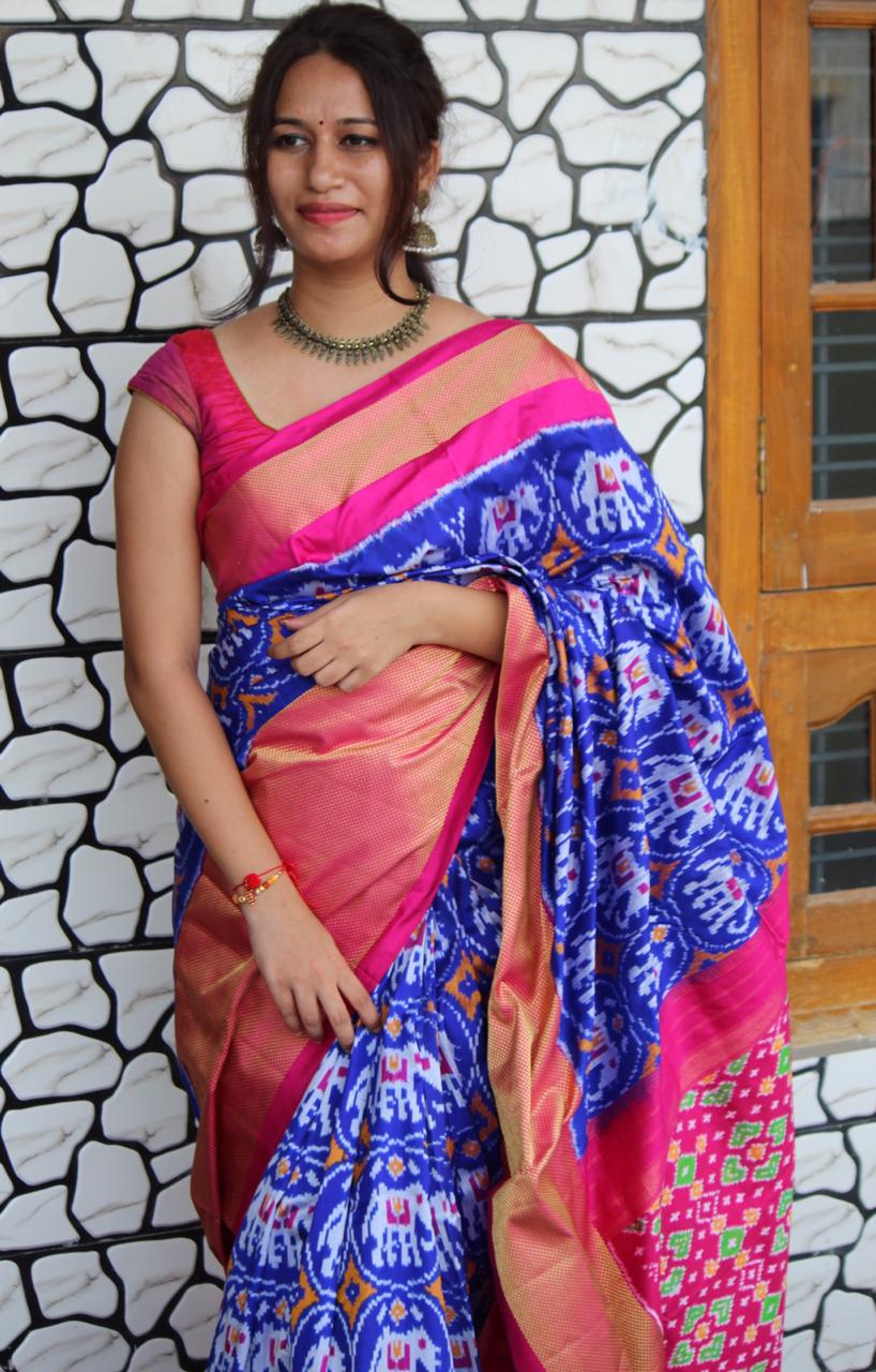 Elephant print Ikkat Silk Saree Blue