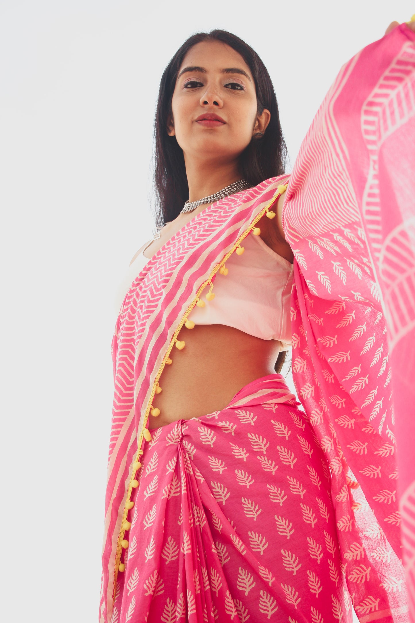 Pink Cotton Saree with Yellow Pom-Pom Border-TCS035