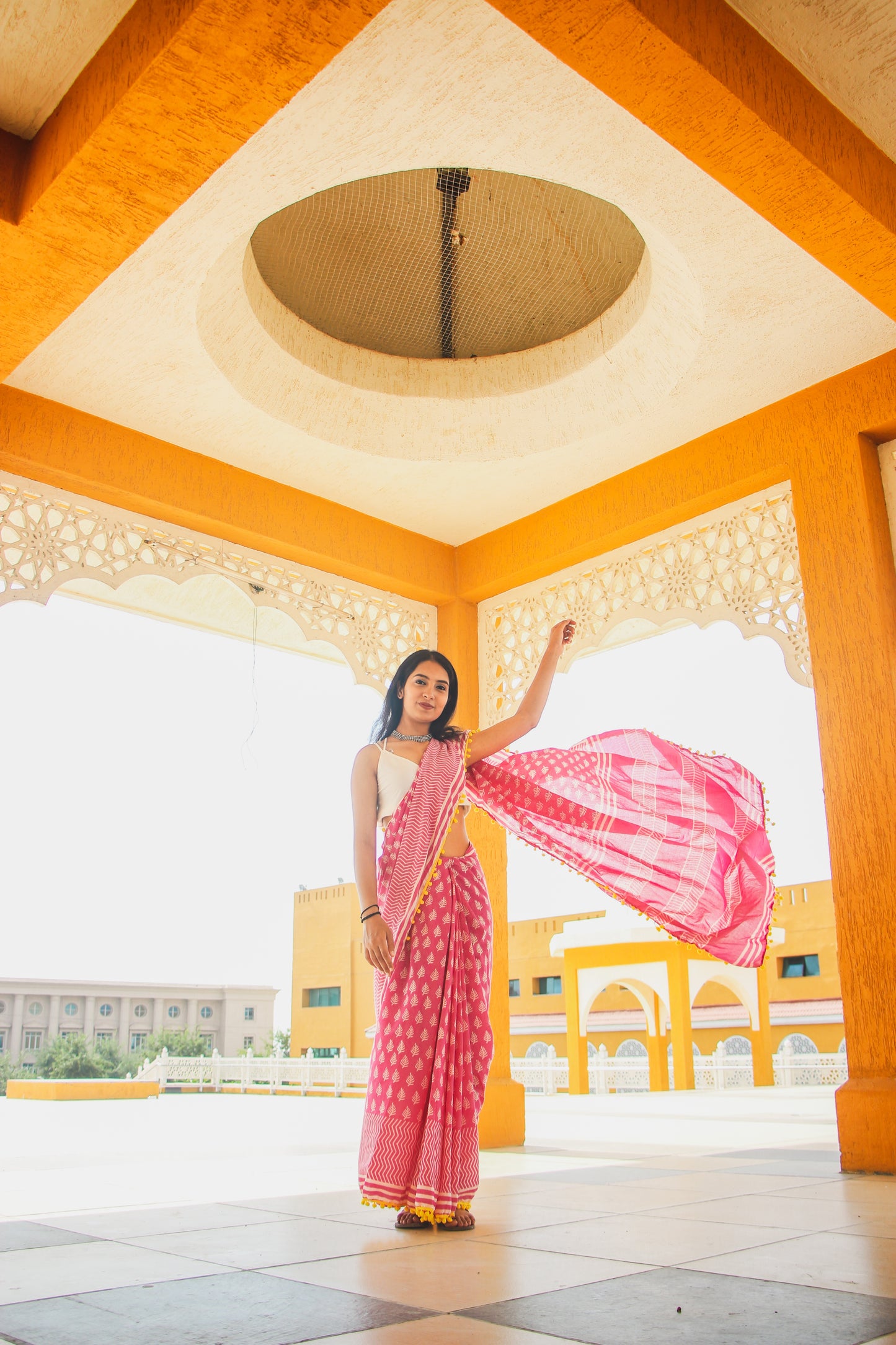 Pink Cotton Saree with Yellow Pom-Pom Border-TCS035
